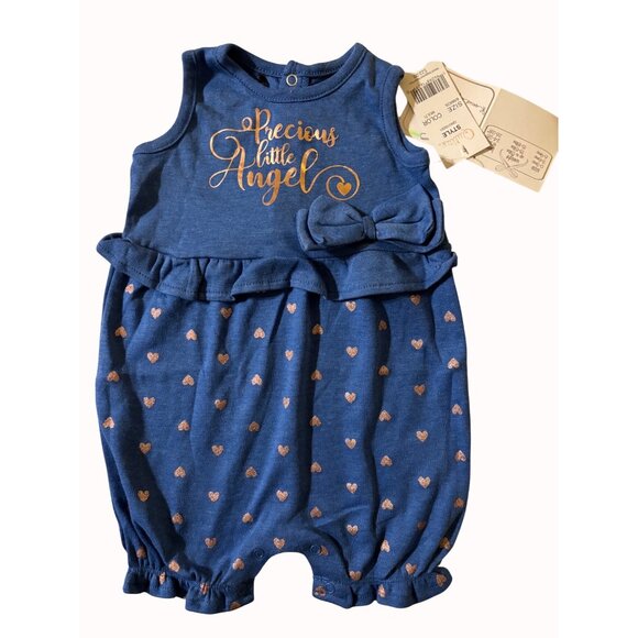 Quiltex Baby Girl Romper 6-9 Months NWT Blue Gold "Precious Little Angel" Heart - Picture 1 of 9